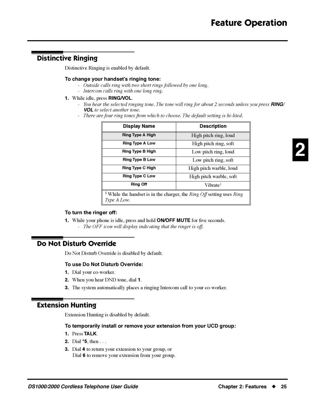 NEC DS1000 manual Distinctive Ringing, Do Not Disturb Override, Extension Hunting 