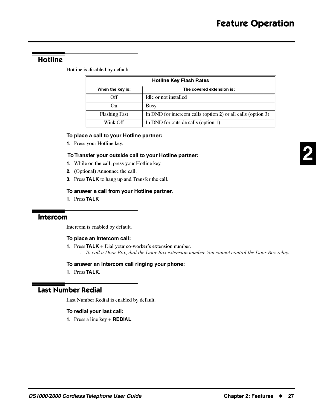 NEC DS1000 manual Hotline, Intercom, Last Number Redial 