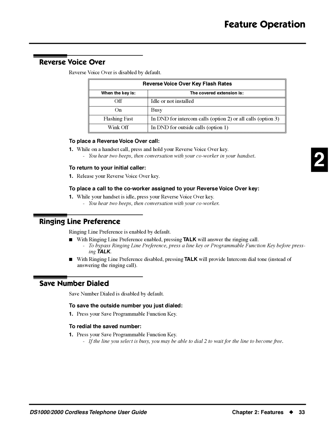 NEC DS1000 manual Reverse Voice Over, Ringing Line Preference, Save Number Dialed 