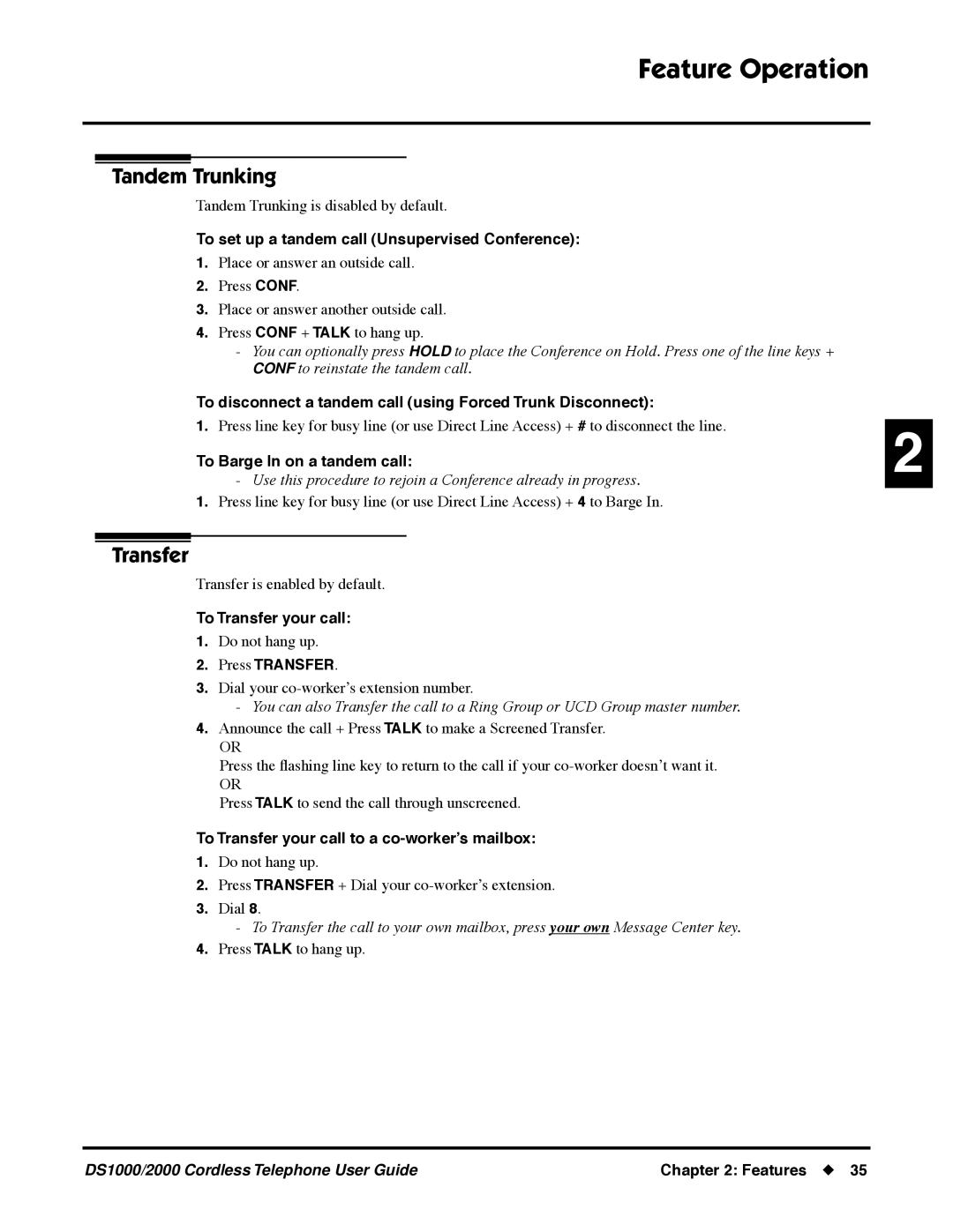 NEC DS1000 manual Tandem Trunking, Transfer 