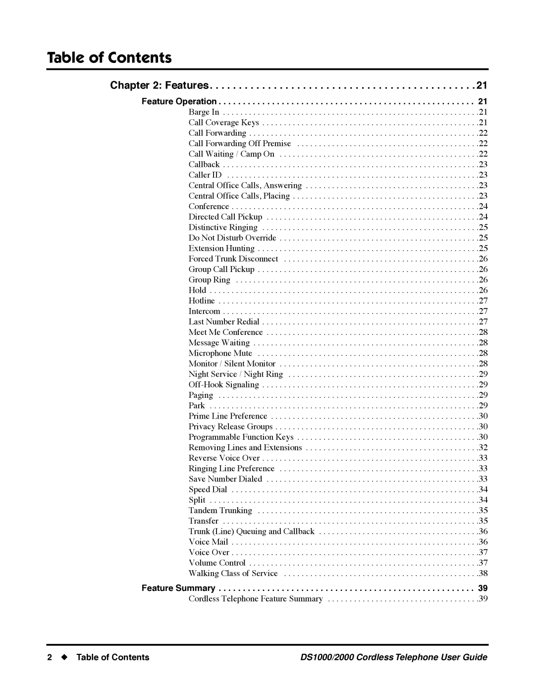 NEC DS1000 manual Feature Operation, Feature Summary, Table of Contents 