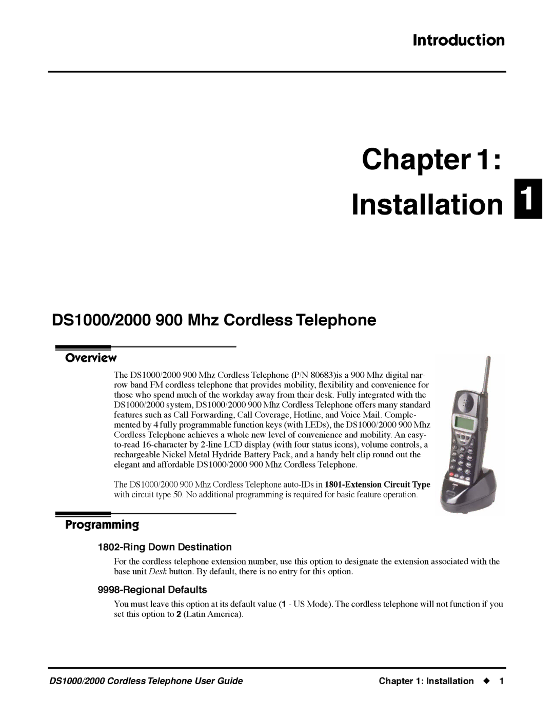 NEC DS1000 manual Overview, Programming, Ring Down Destination, Regional Defaults 