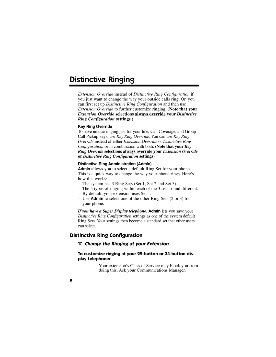 NEC DS1000/2000 manual Distinctive Ring Configuration, Key Ring Override 