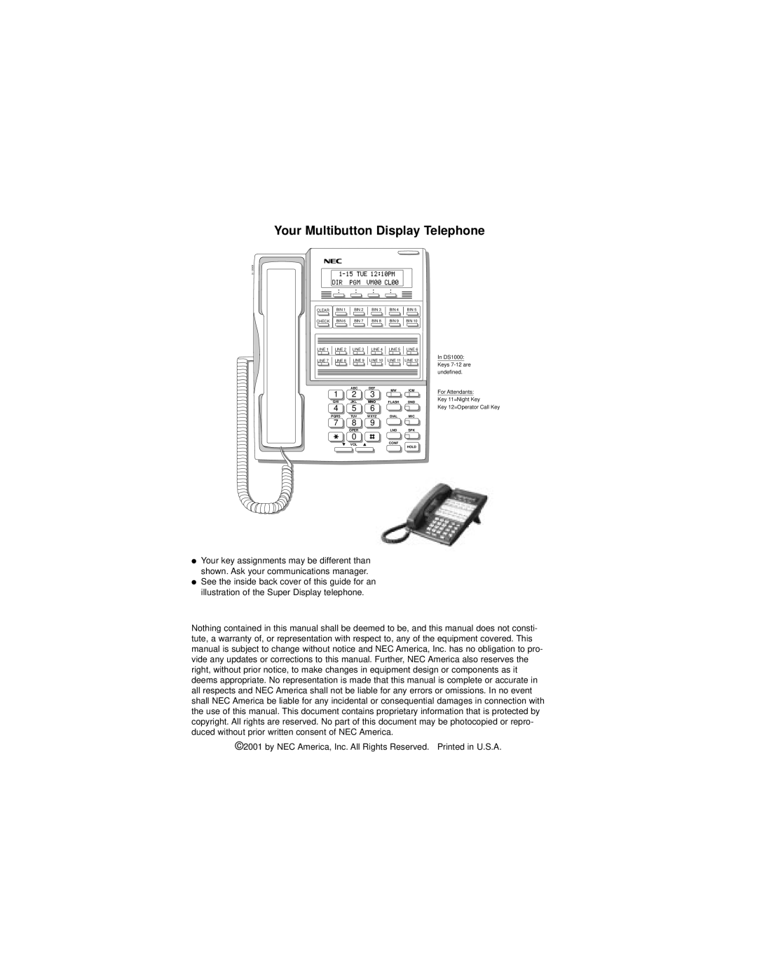 NEC DS1000/2000 manual Your Multibutton Display Telephone 