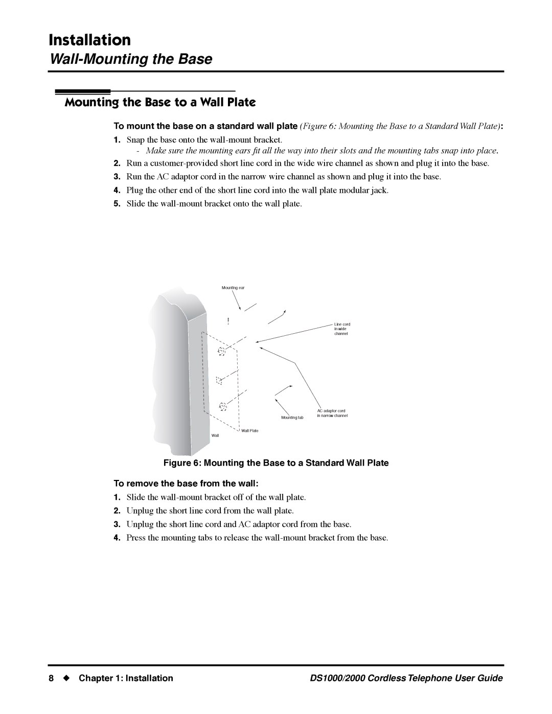 NEC DS1000/2000 manual Mounting the Base to a Wall Plate, Installation 