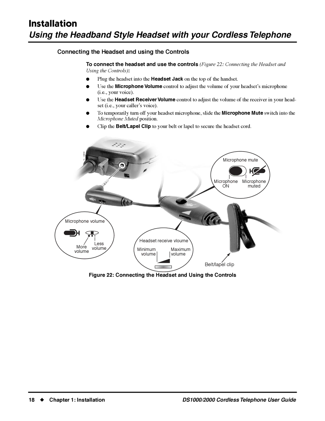 NEC DS1000/2000 manual Connecting the Headset and Using the Controls Installation 