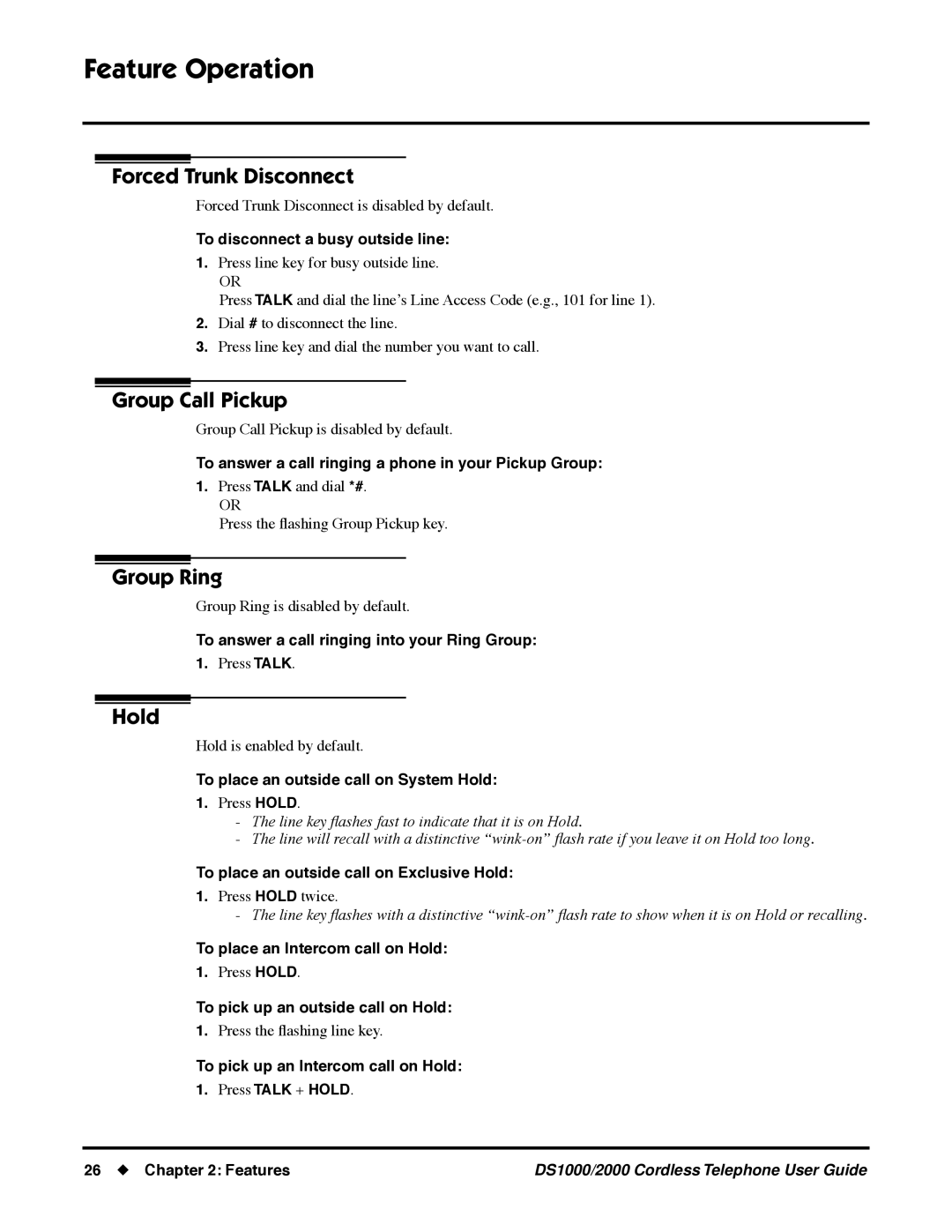 NEC DS1000/2000 manual Forced Trunk Disconnect, Group Call Pickup, Group Ring, Hold 