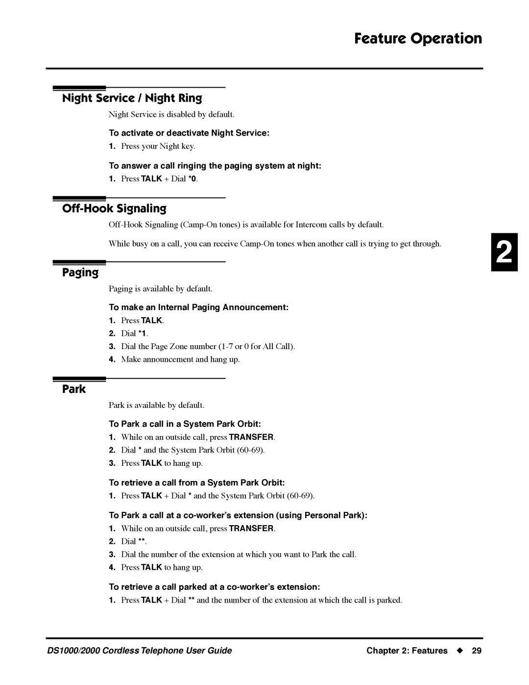 NEC DS1000/2000 manual Night Service / Night Ring, Off-Hook Signaling, Paging, Park 