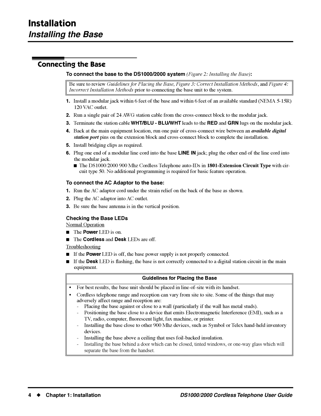 NEC DS1000/2000 manual Installation, Installing the Base, Connecting the Base 