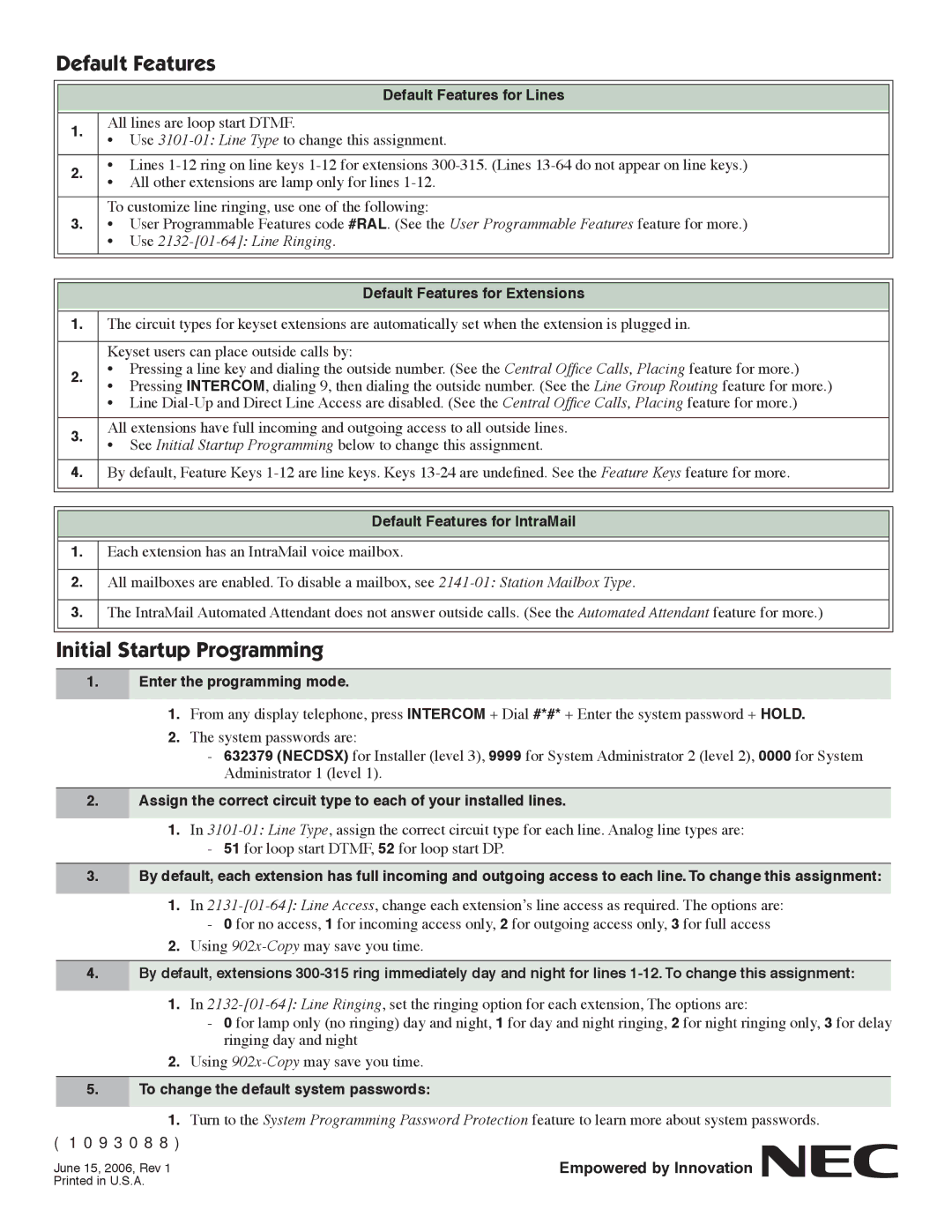 NEC DSX-160 quick start Default Features, Initial Startup Programming 