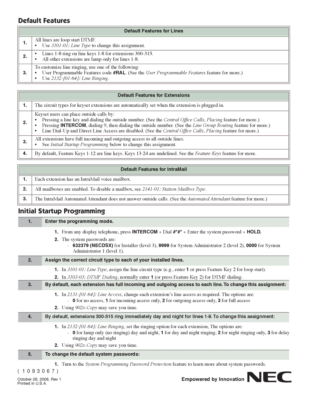 NEC DSX-40 quick start Default Features, Initial Startup Programming 