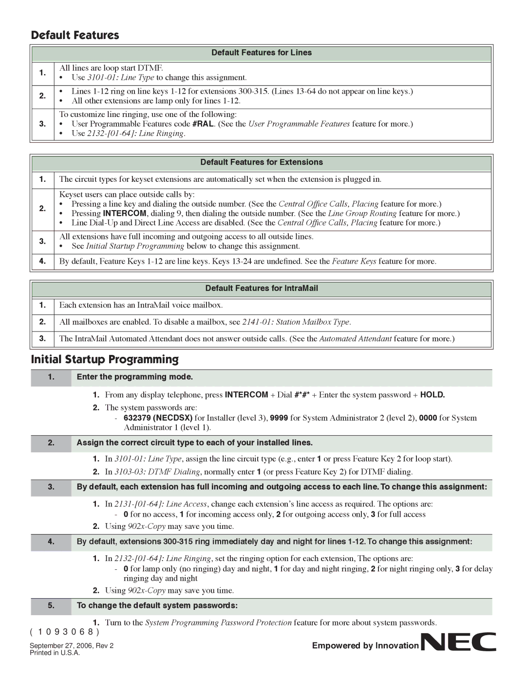 NEC DSX-80 quick start Default Features, Initial Startup Programming 