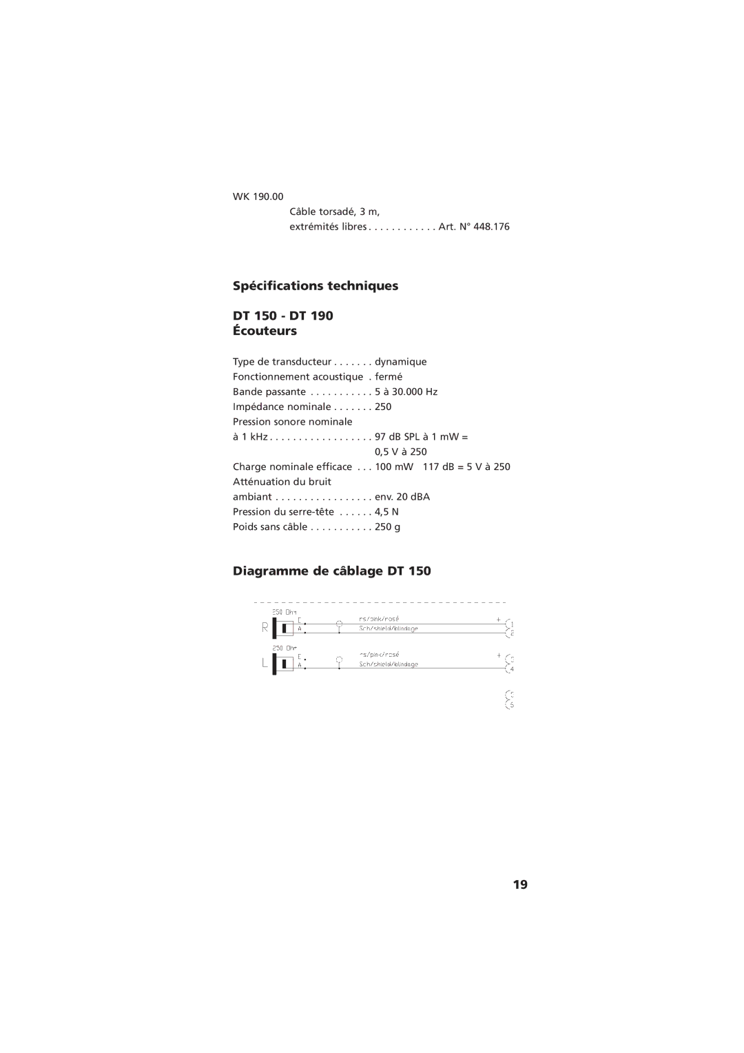 NEC manual Spécifications techniques DT 150 DT 190 Écouteurs, Diagramme de câblage DT 