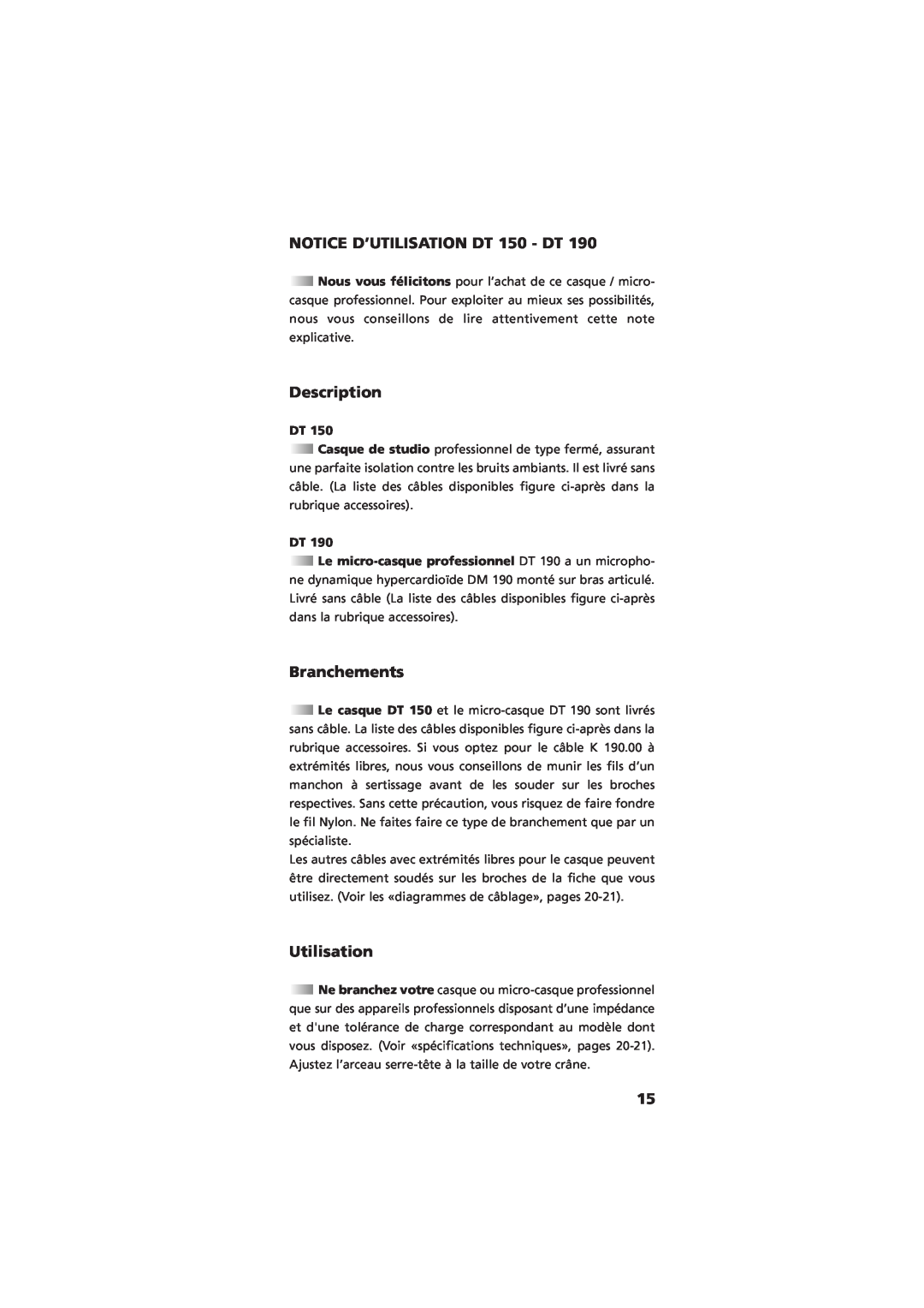 NEC DT 190 manual NOTICE D’UTILISATION DT 150 - DT, Description, Branchements, Utilisation 