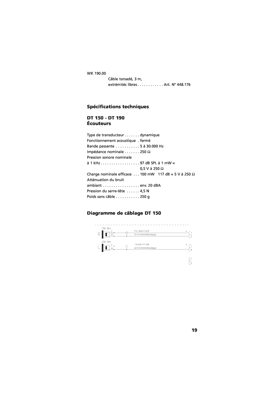 NEC manual Spécifications techniques, DT 150 - DT 190 Écouteurs, Diagramme de câblage DT 
