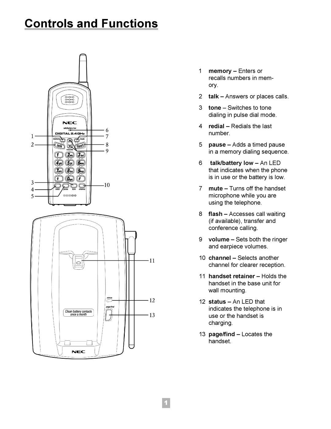 NEC Dterm Analog Cordless Telephone manual Controls and Functions 