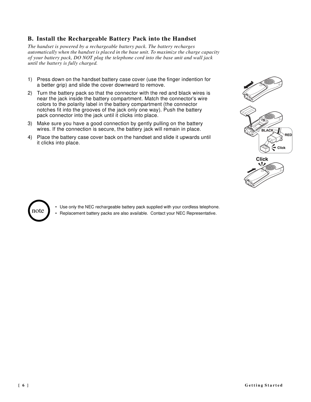 NEC DTR-IR-2 user manual Install the Rechargeable Battery Pack into the Handset 