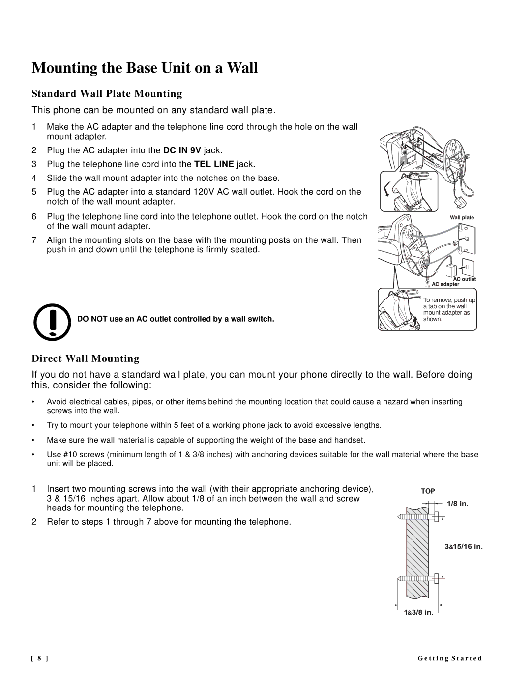 NEC DTR-IR-2 user manual Mounting the Base Unit on a Wall, Standard Wall Plate Mounting, Direct Wall Mounting 