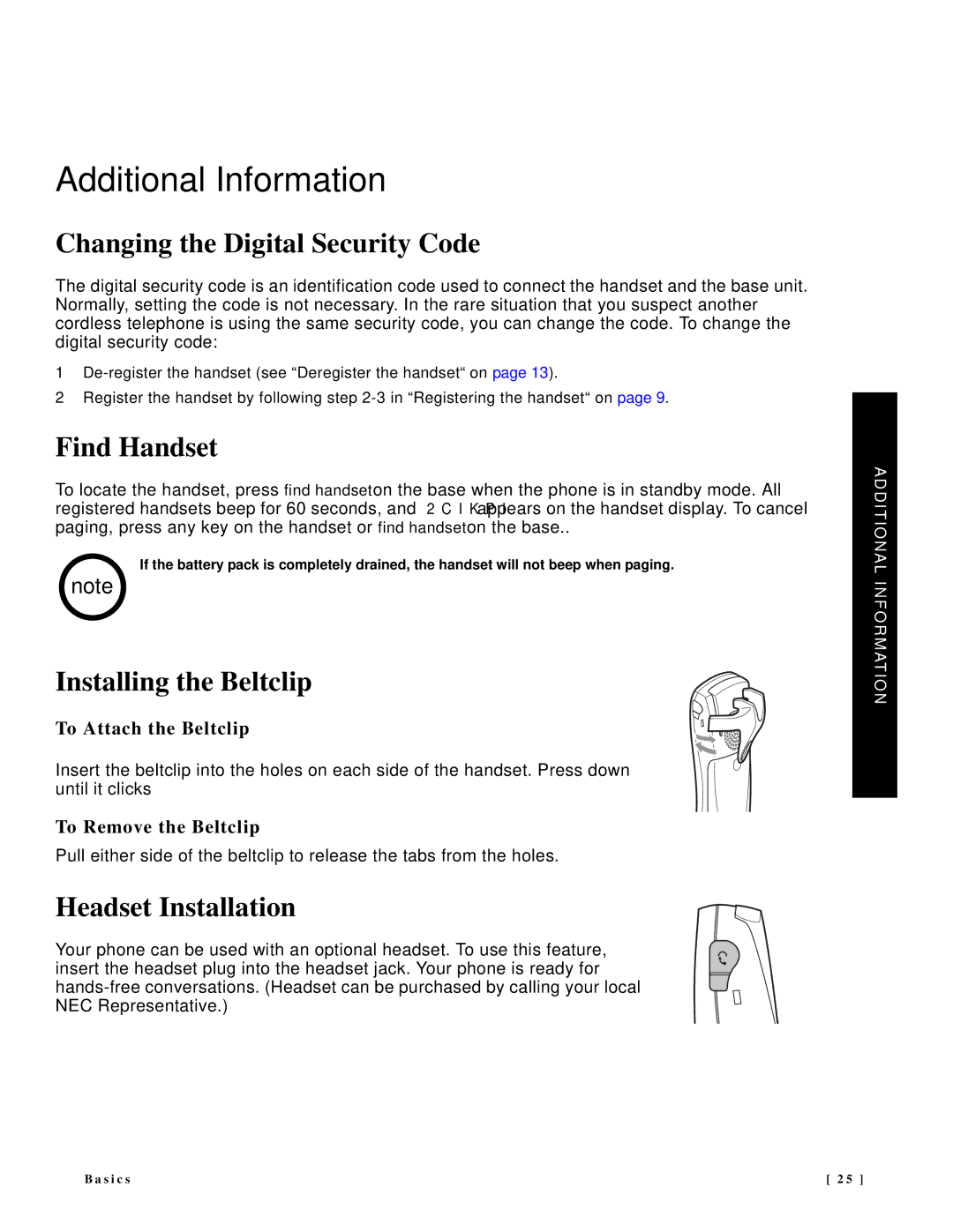 NEC DTR-IR-2 user manual Additional Information, Changing the Digital Security Code, Find Handset, Installing the Beltclip 