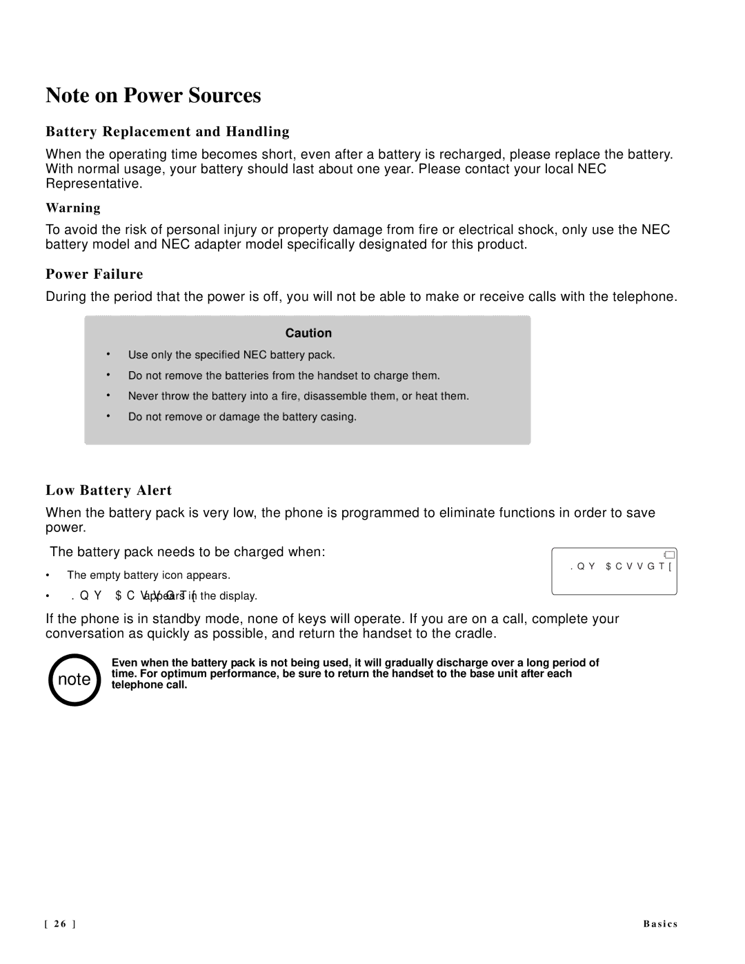 NEC DTR-IR-2 user manual Battery Replacement and Handling, Power Failure, Low Battery Alert 