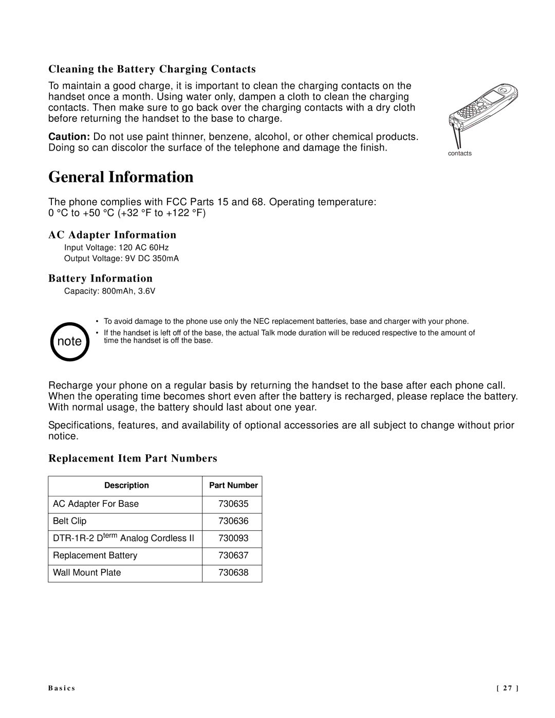 NEC DTR-IR-2 General Information, Cleaning the Battery Charging Contacts, AC Adapter Information, Battery Information 