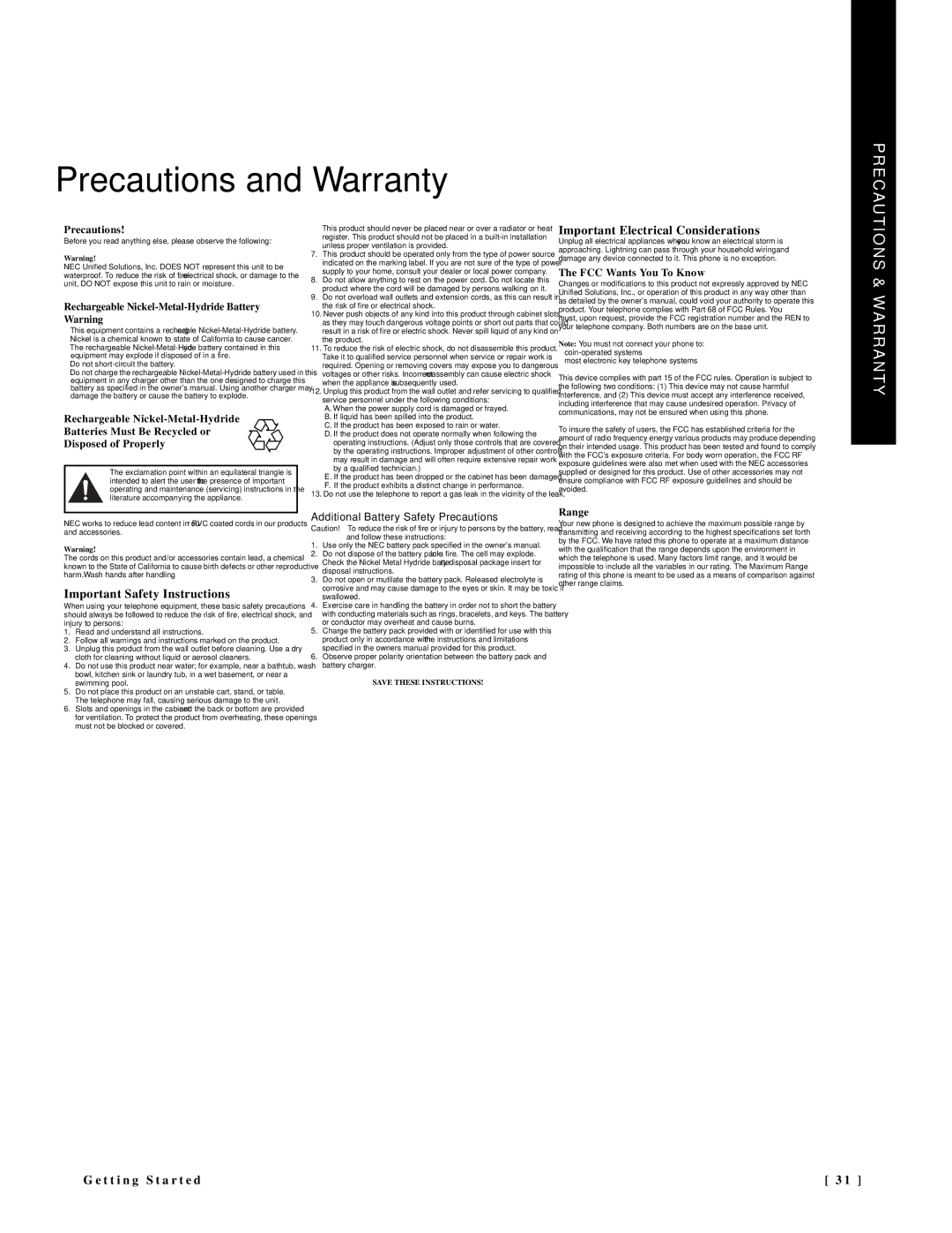 NEC DTR-IR-2 user manual Precautions and Warranty 