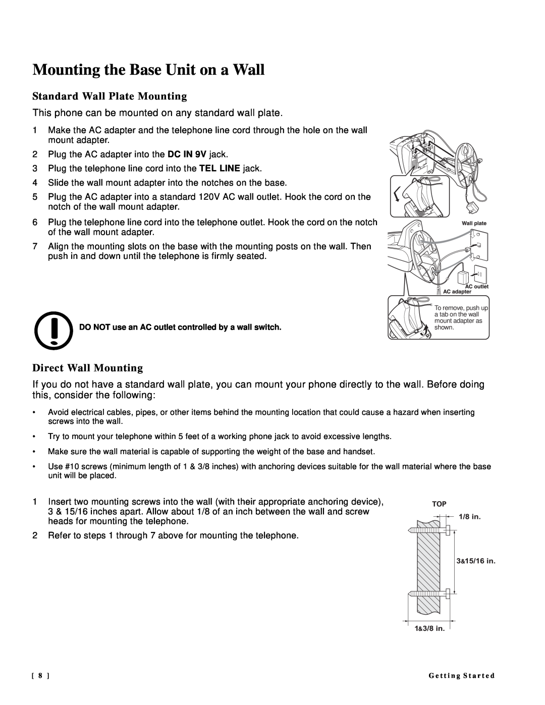 NEC DTR-IR-2 user manual Mounting the Base Unit on a Wall, Standard Wall Plate Mounting, Direct Wall Mounting 