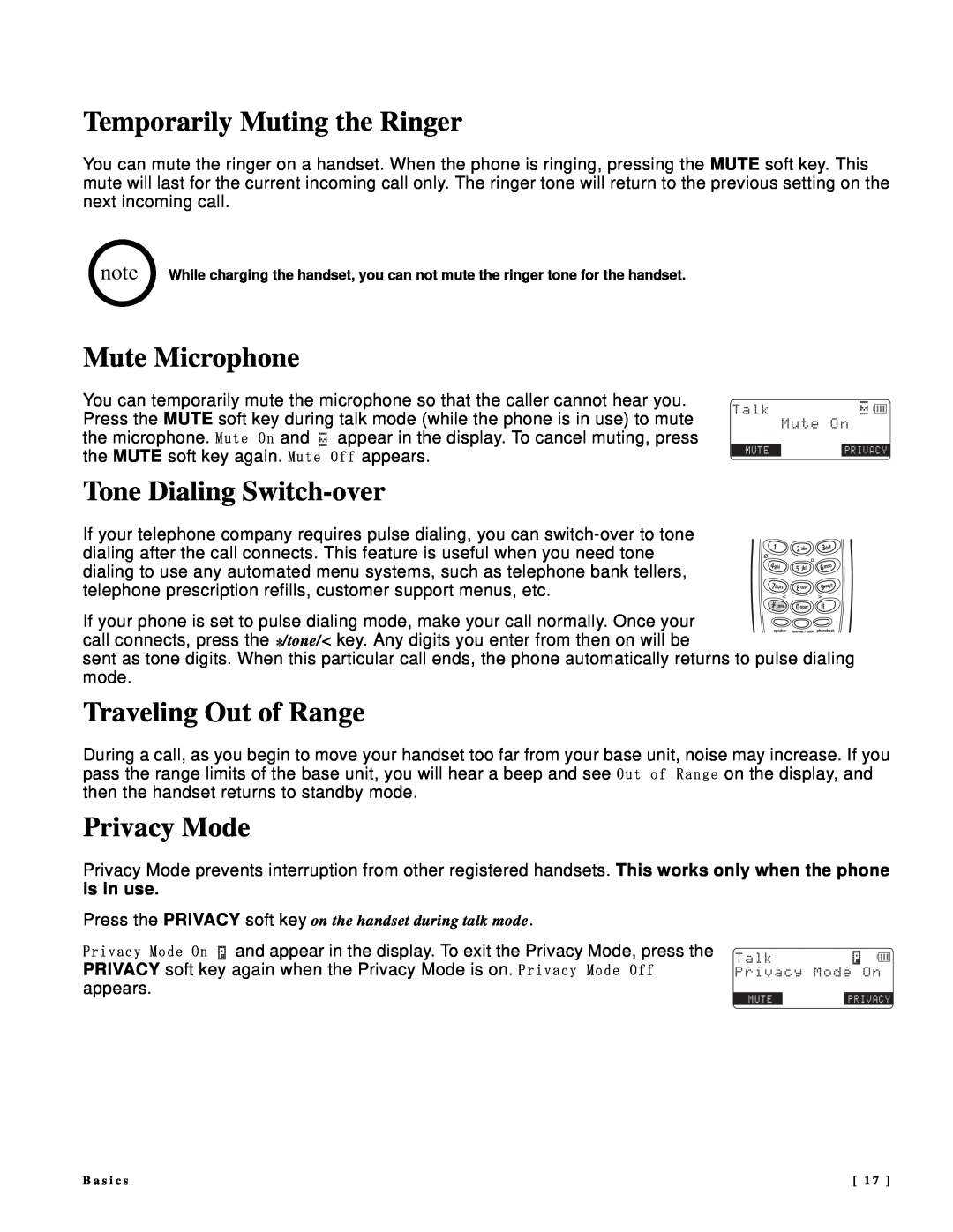 NEC DTR-IR-2 user manual Temporarily Muting the Ringer, Mute Microphone, Tone Dialing Switch-over, Traveling Out of Range 