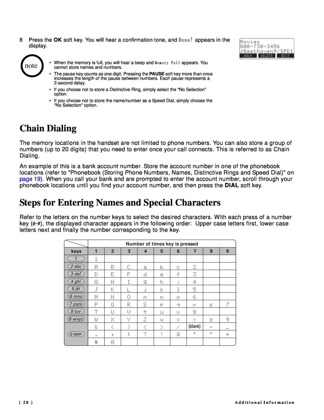 NEC DTR-IR-2 user manual Chain Dialing, Steps for Entering Names and Special Characters, Number of times key is pressed 