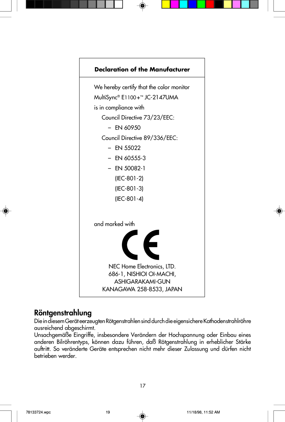 NEC E1100+ user manual Röntgenstrahlung, Declaration of the Manufacturer 