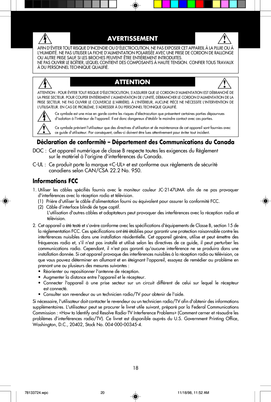 NEC E1100+ Avertissement, Déclaration de conformité - Département des Communications du Canada, Informations FCC 