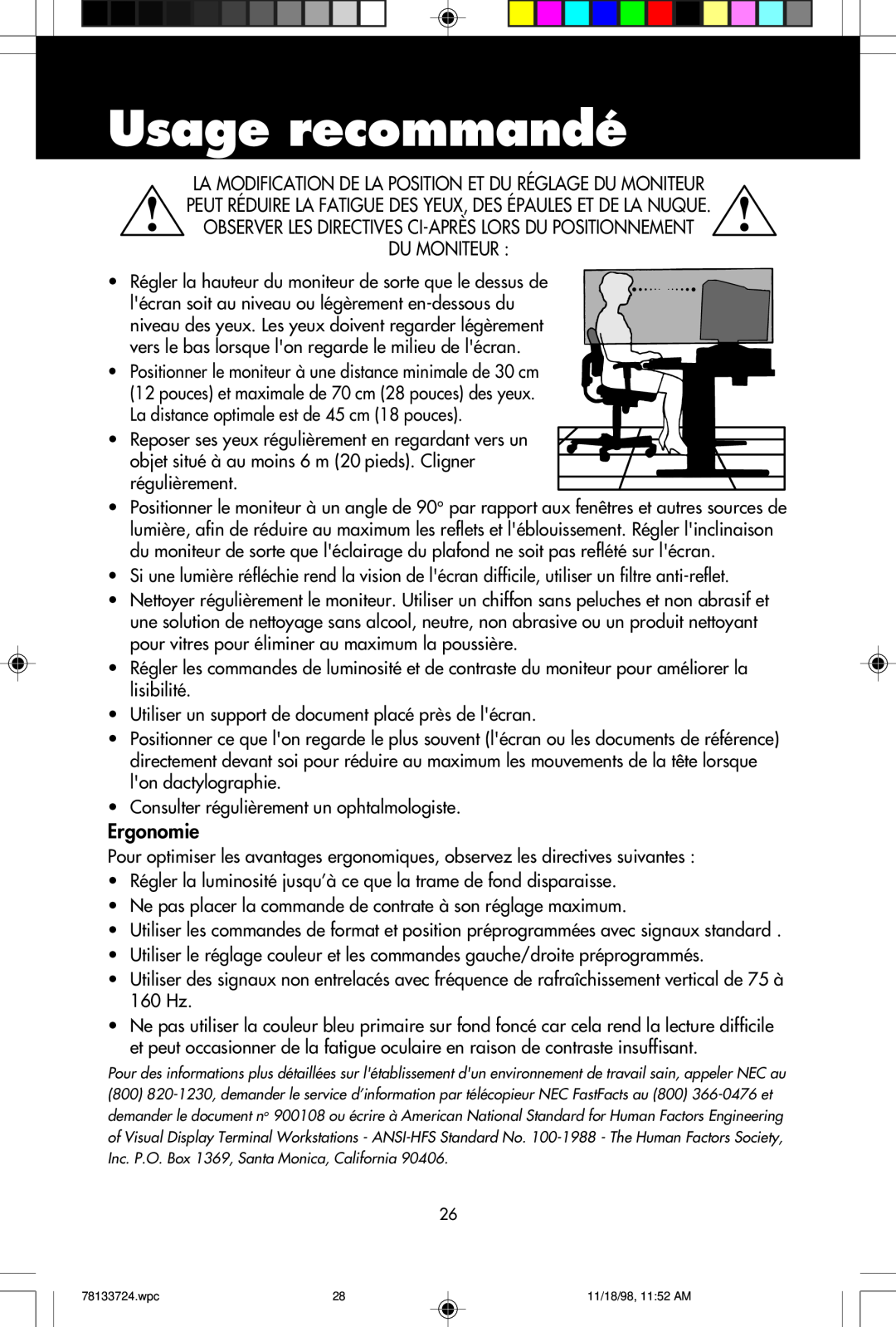 NEC E1100+ user manual Usage recommandé, Observer Les Directives Ci-Après Lors Du Positionnement Du Moniteur, Ergonomie 