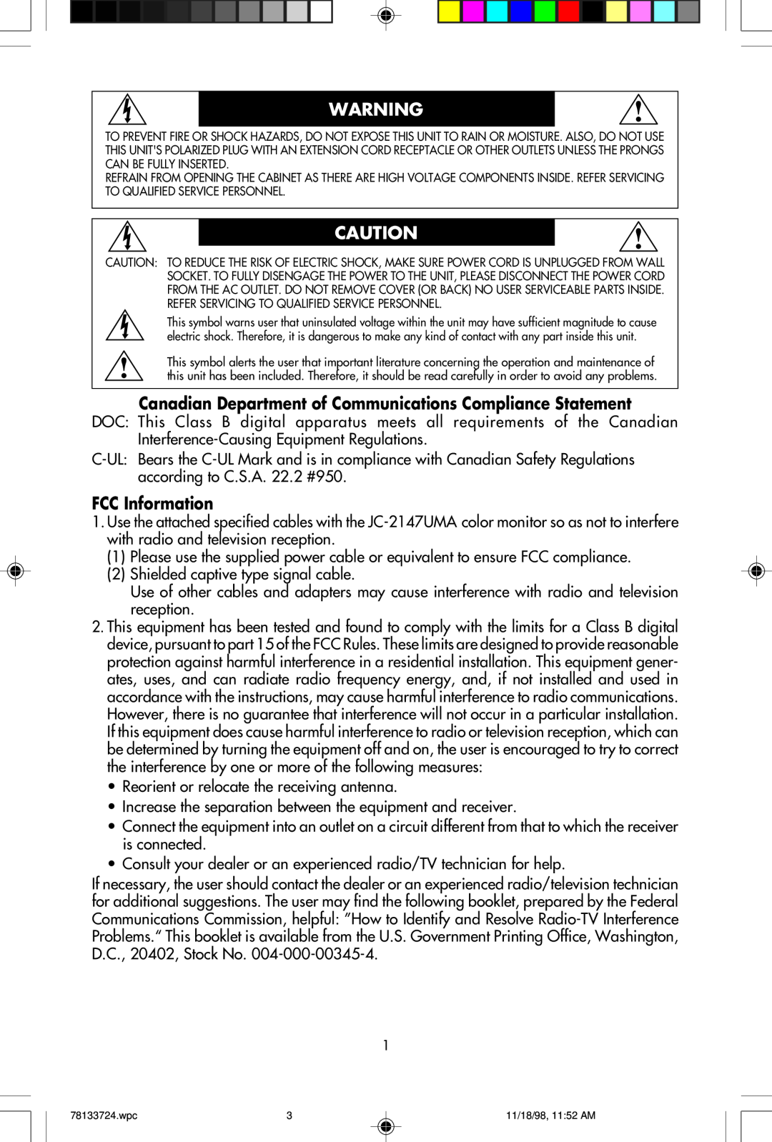 NEC E1100+ user manual Canadian Department of Communications Compliance Statement, FCC Information 