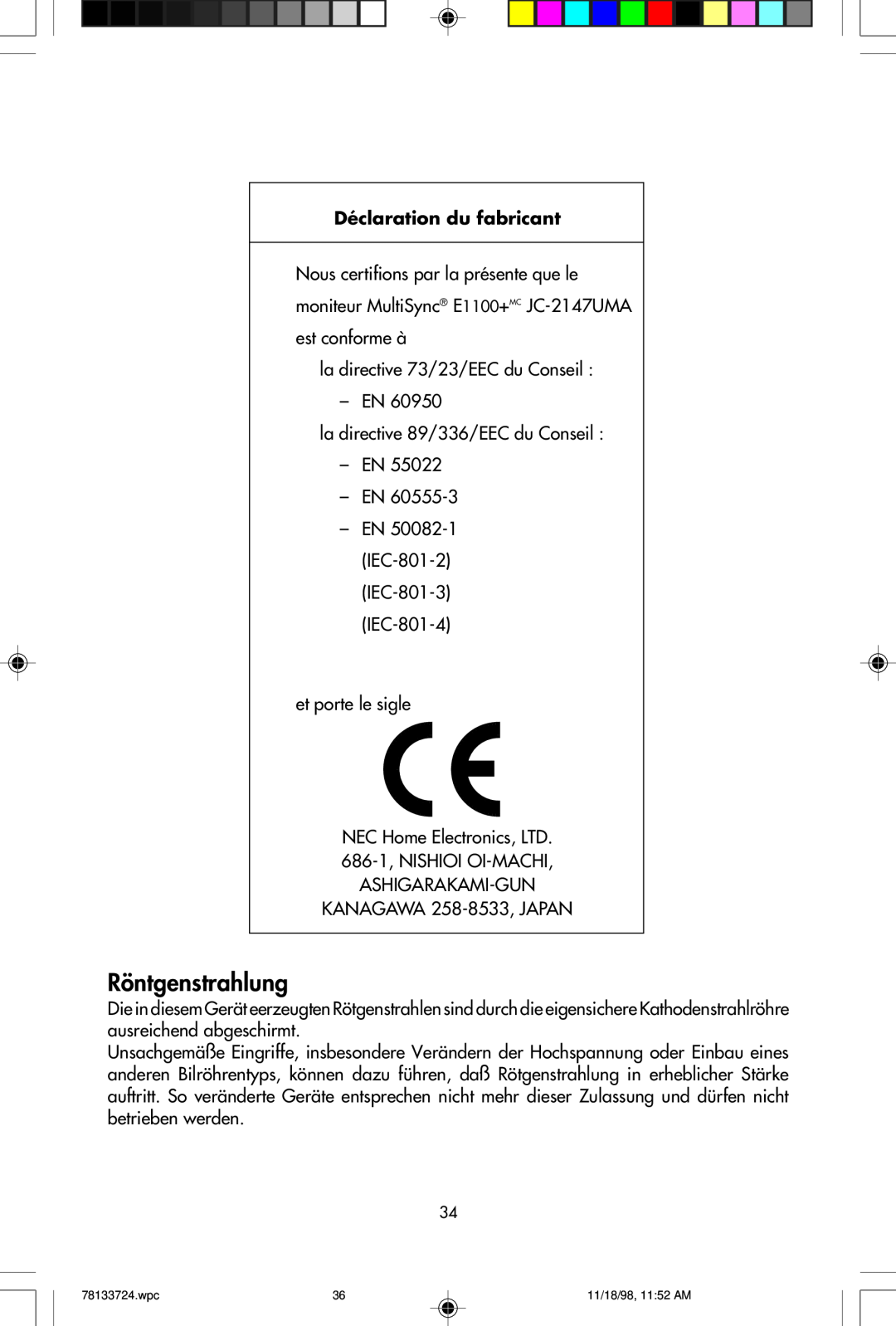NEC E1100+ user manual Röntgenstrahlung, Déclaration du fabricant 