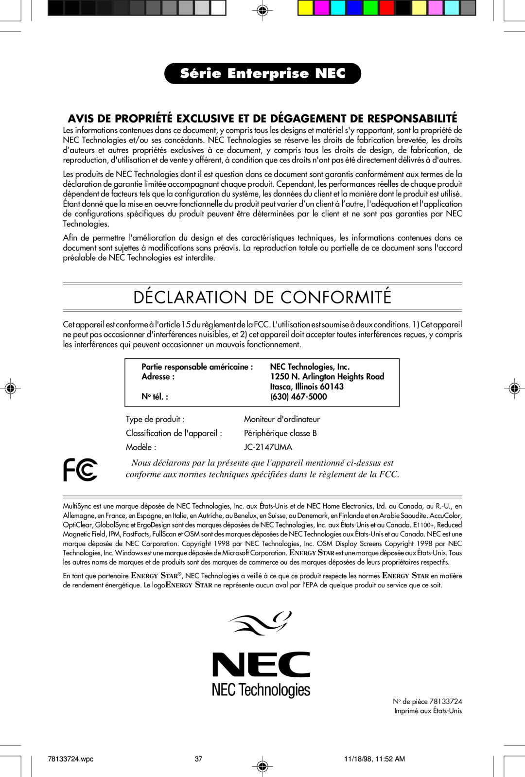 NEC E1100+ Déclaration De Conformité, Série Enterprise NEC, Avis De Propriété Exclusive Et De Dégagement De Responsabilité 