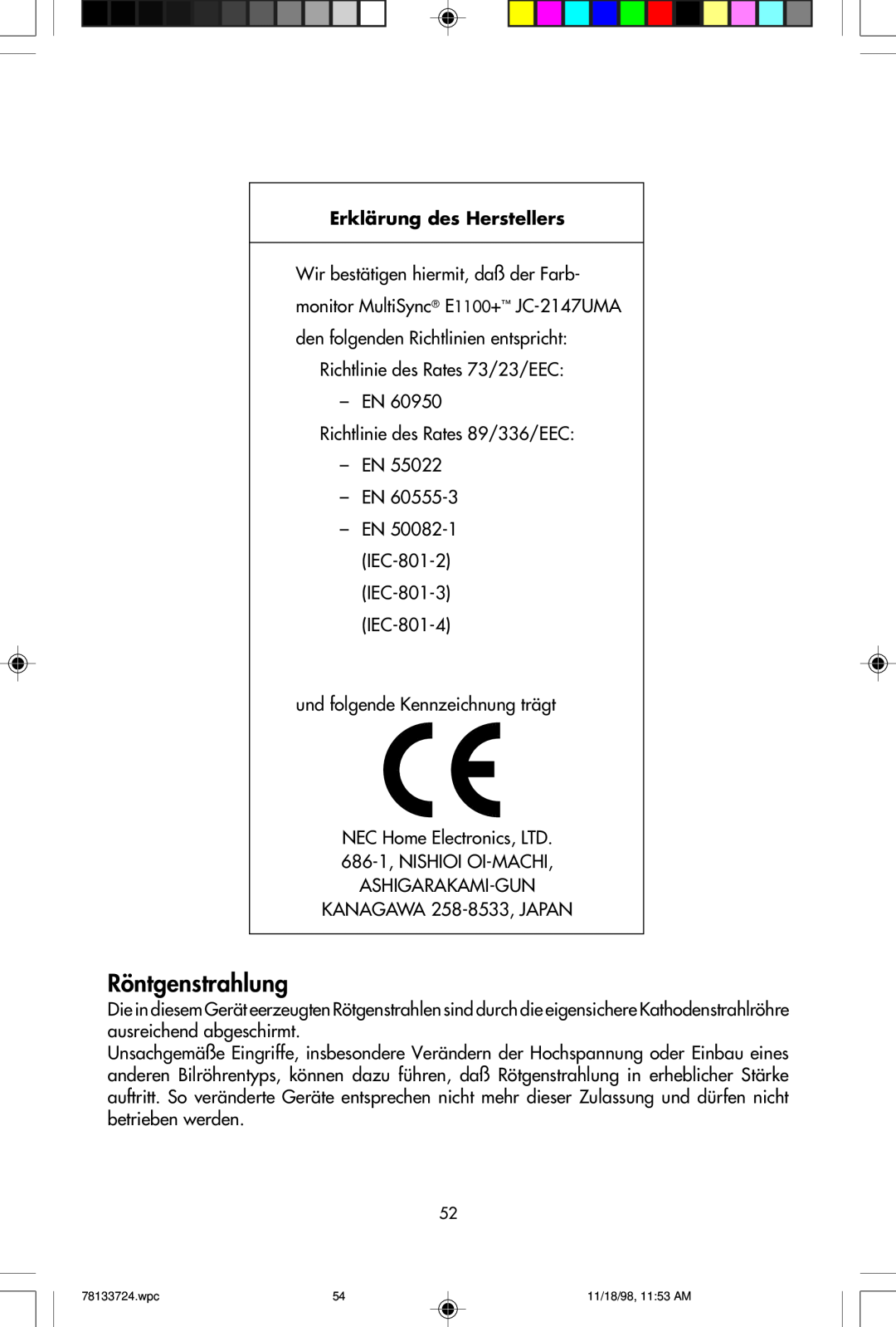 NEC E1100+ user manual Röntgenstrahlung, Erklärung des Herstellers 