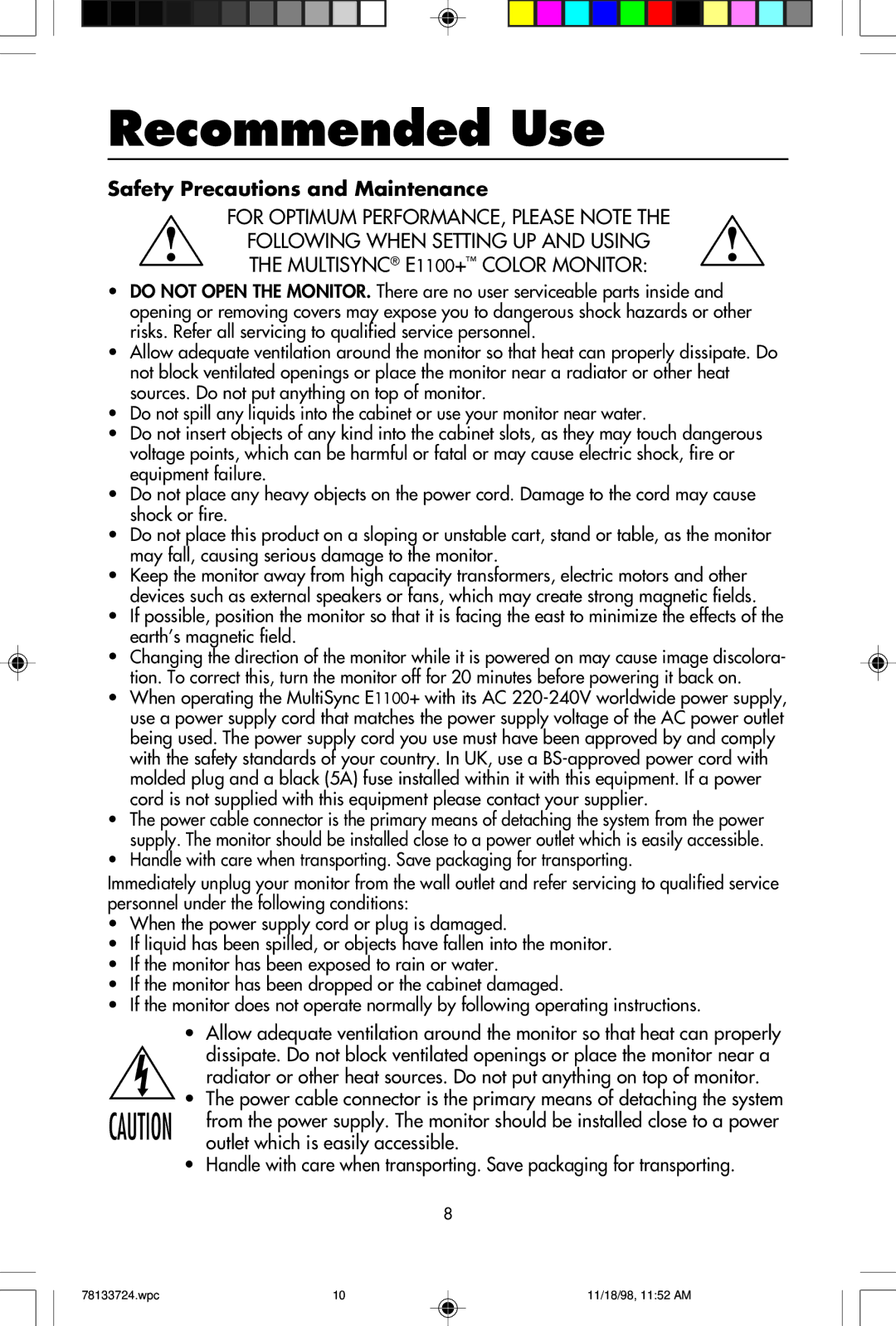 NEC E1100+ user manual Recommended Use, Safety Precautions and Maintenance 