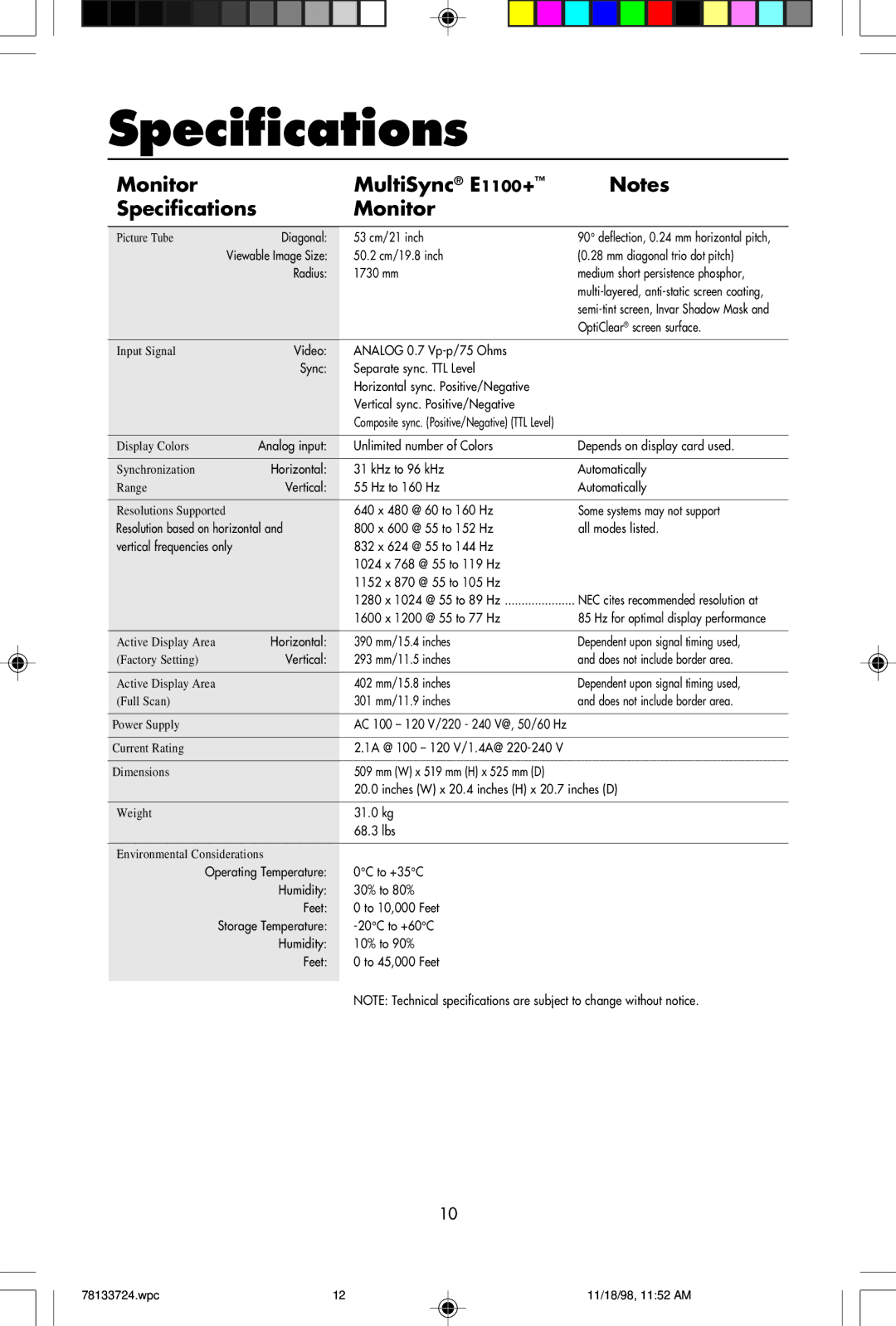 NEC user manual Monitor MultiSync E1100+ Specifications 