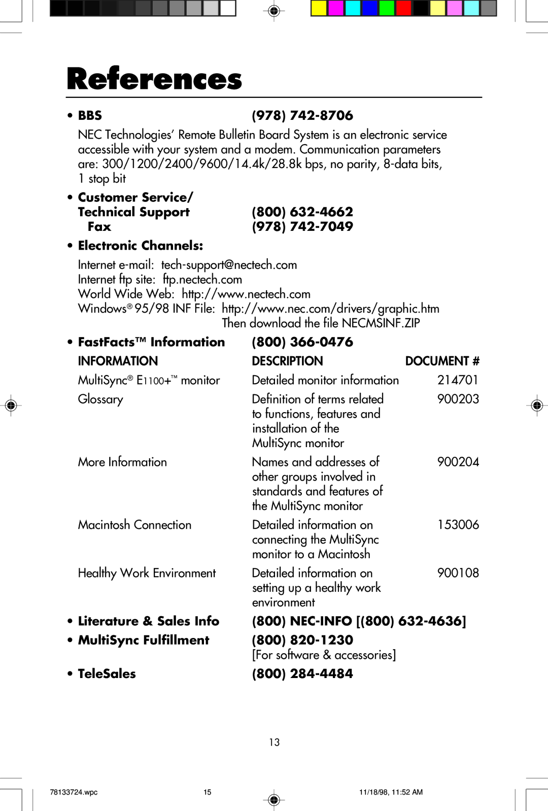 NEC E1100+ user manual References, 978, FastFacts Information 800 