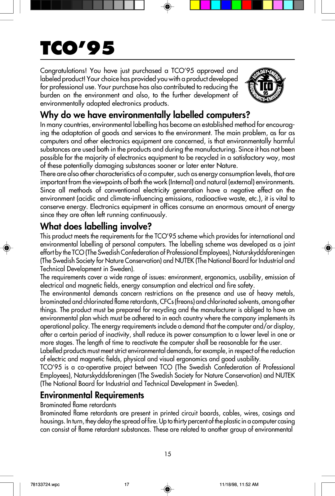 NEC E1100+ user manual TCO’95, Why do we have environmentally labelled computers? 