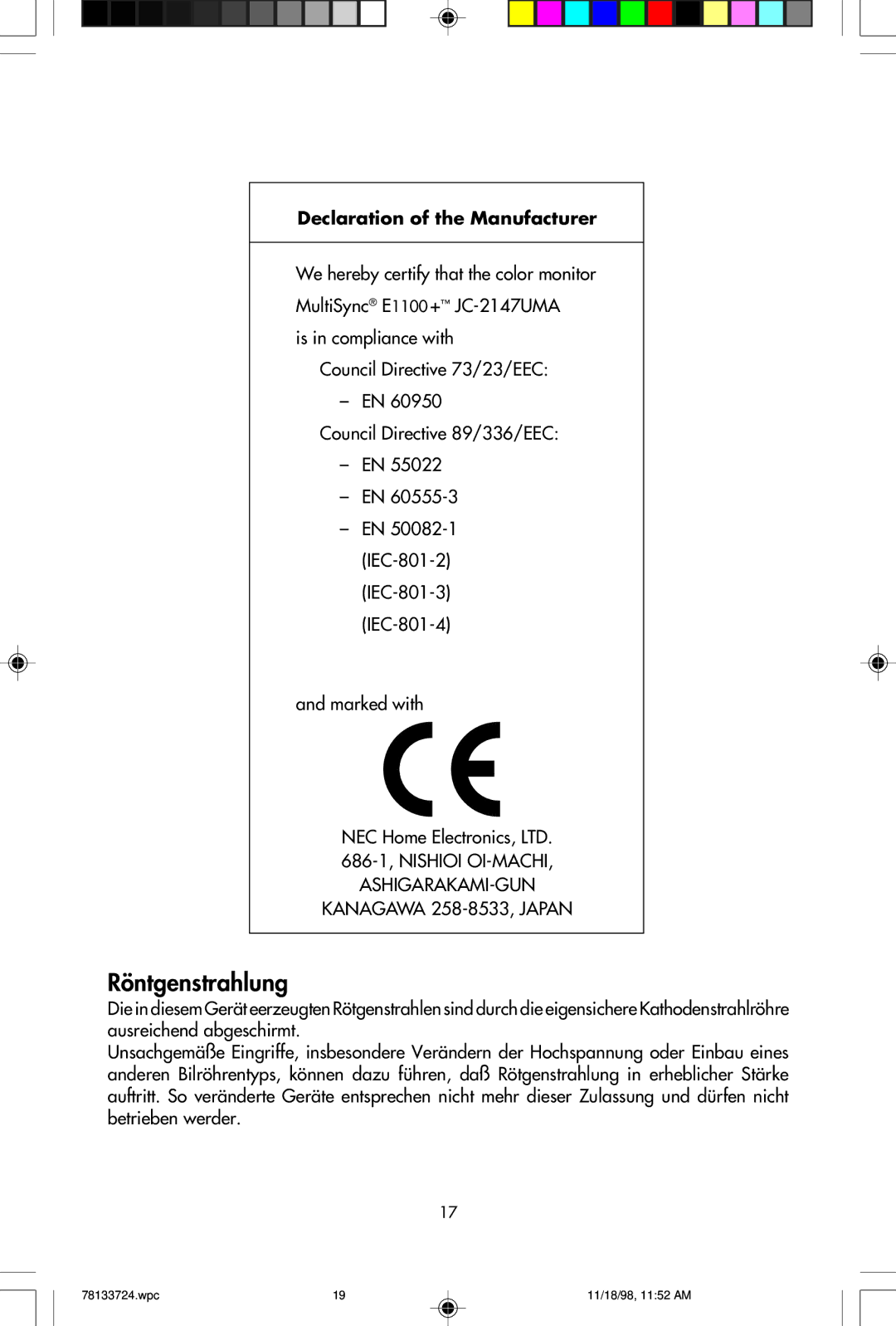 NEC E1100+ user manual Röntgenstrahlung 