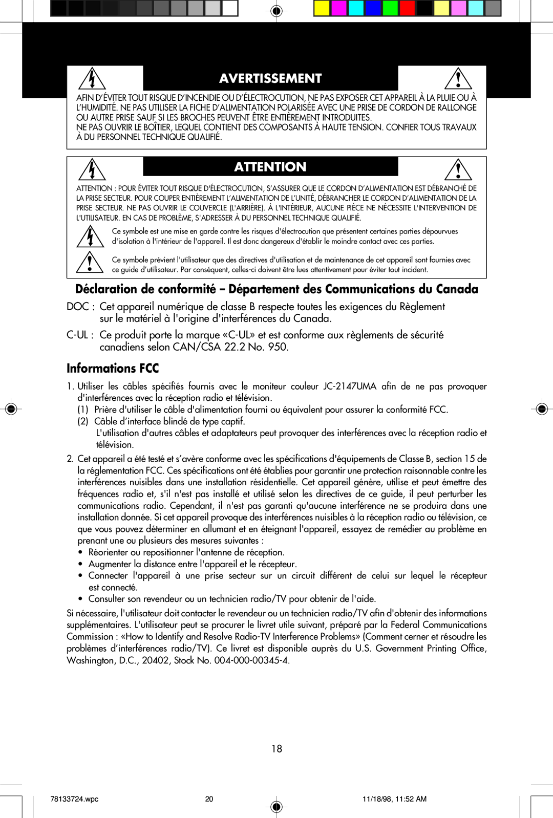 NEC E1100+ user manual Avertissement, Informations FCC 