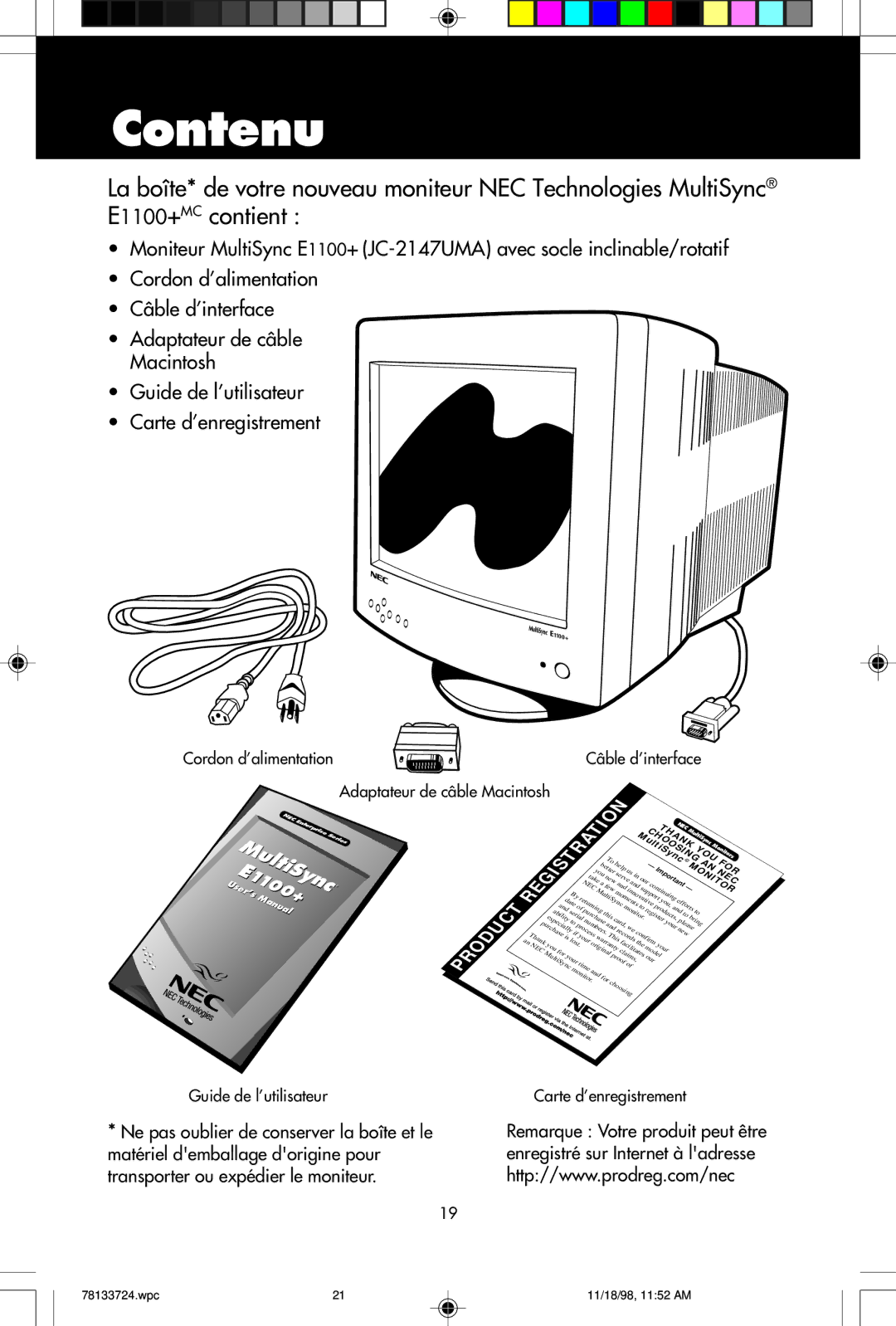 NEC E1100+ user manual Contenu, Guide de l’utilisateur 