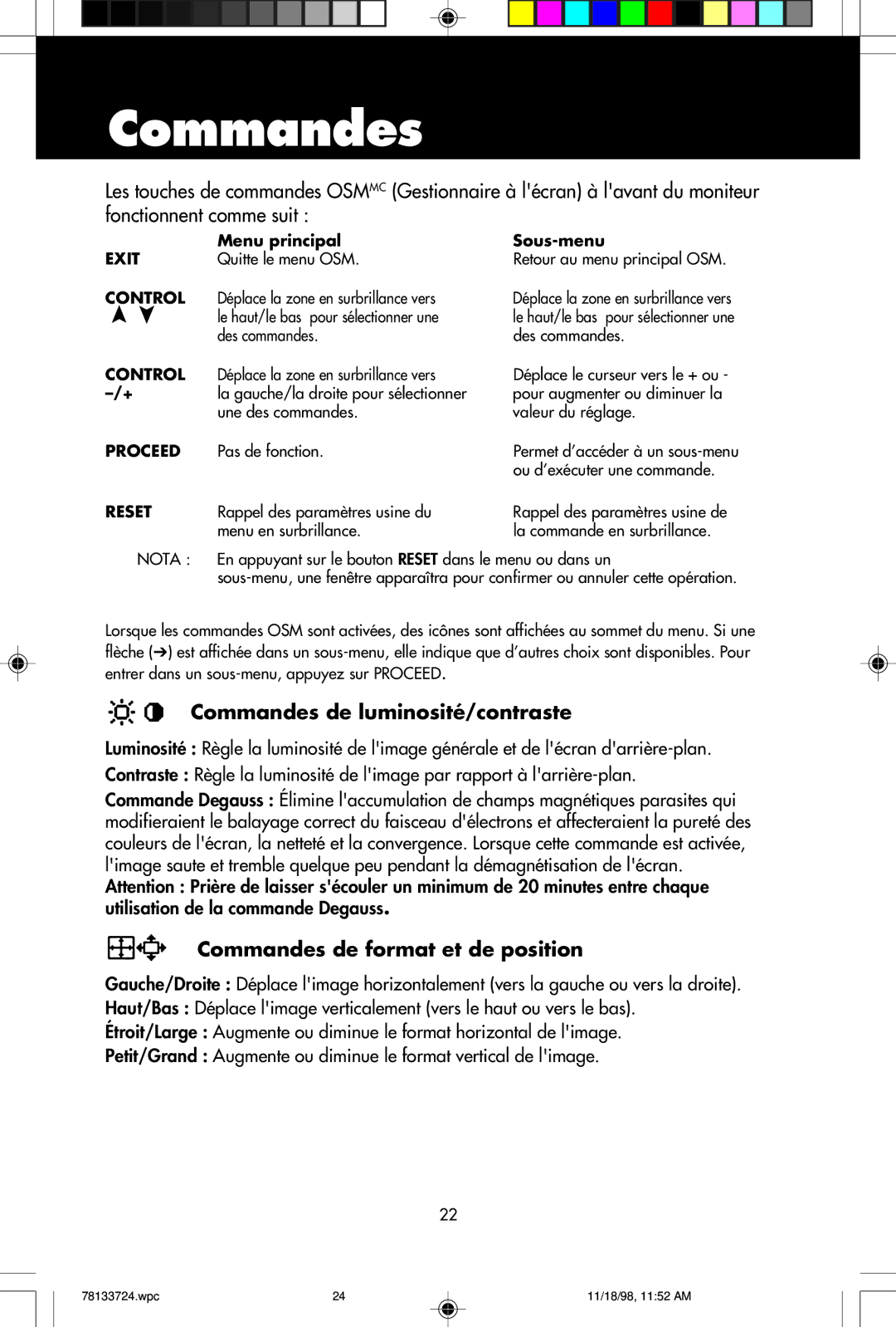 NEC E1100+ user manual Commandes de luminosité/contraste, Commandes de format et de position 