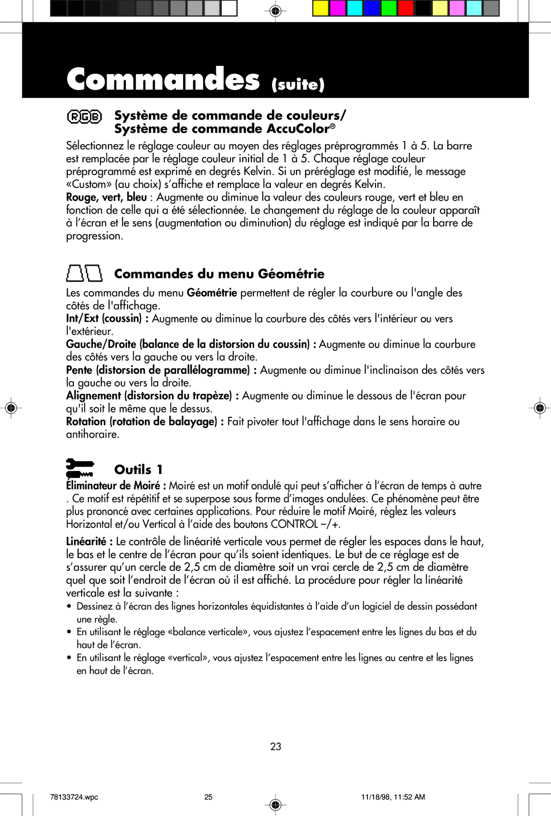 NEC E1100+ user manual Commandes suite, Commandes du menu Géométrie, Outils 