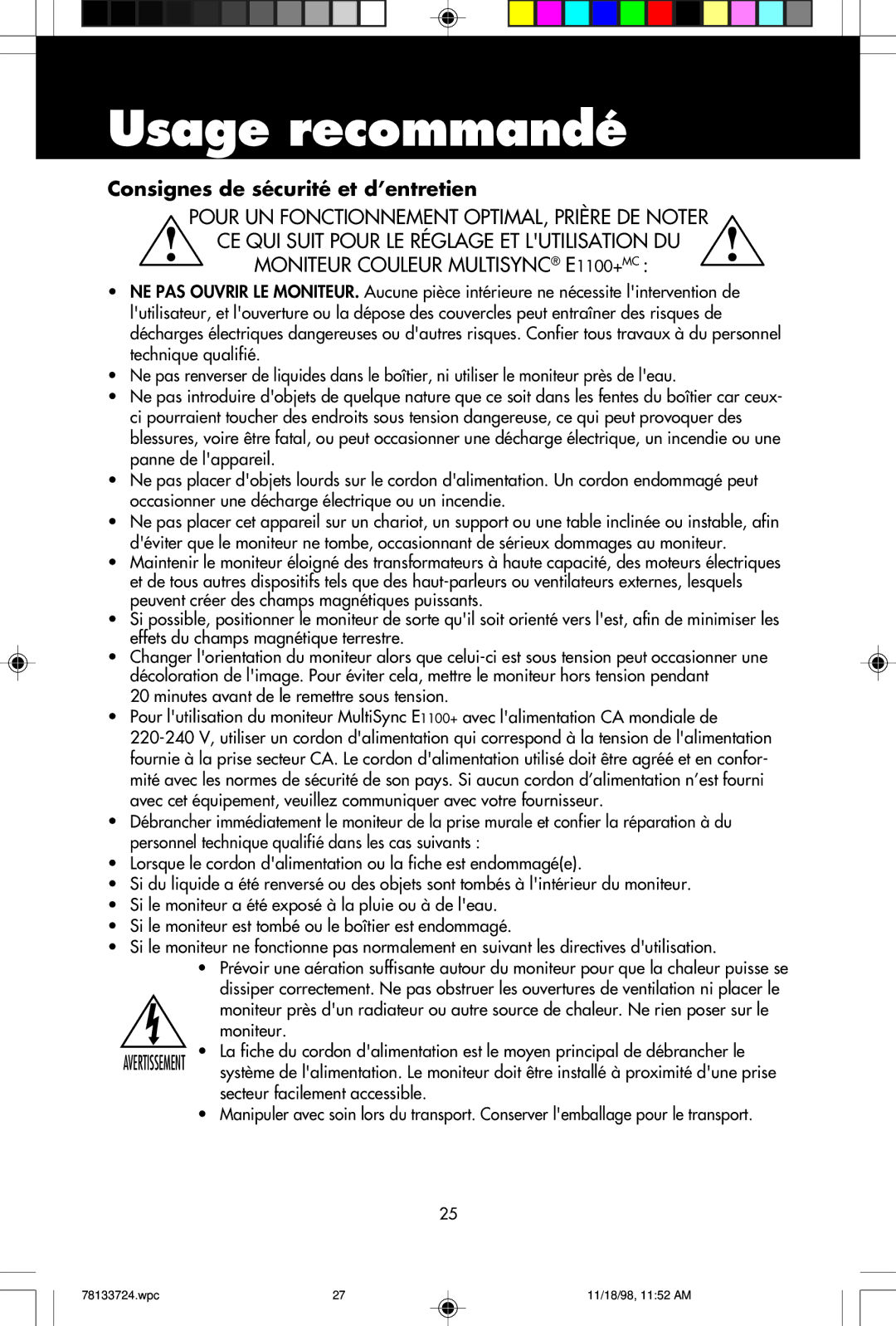 NEC E1100+ user manual Usage recommandé, Consignes de sécurité et d’entretien 