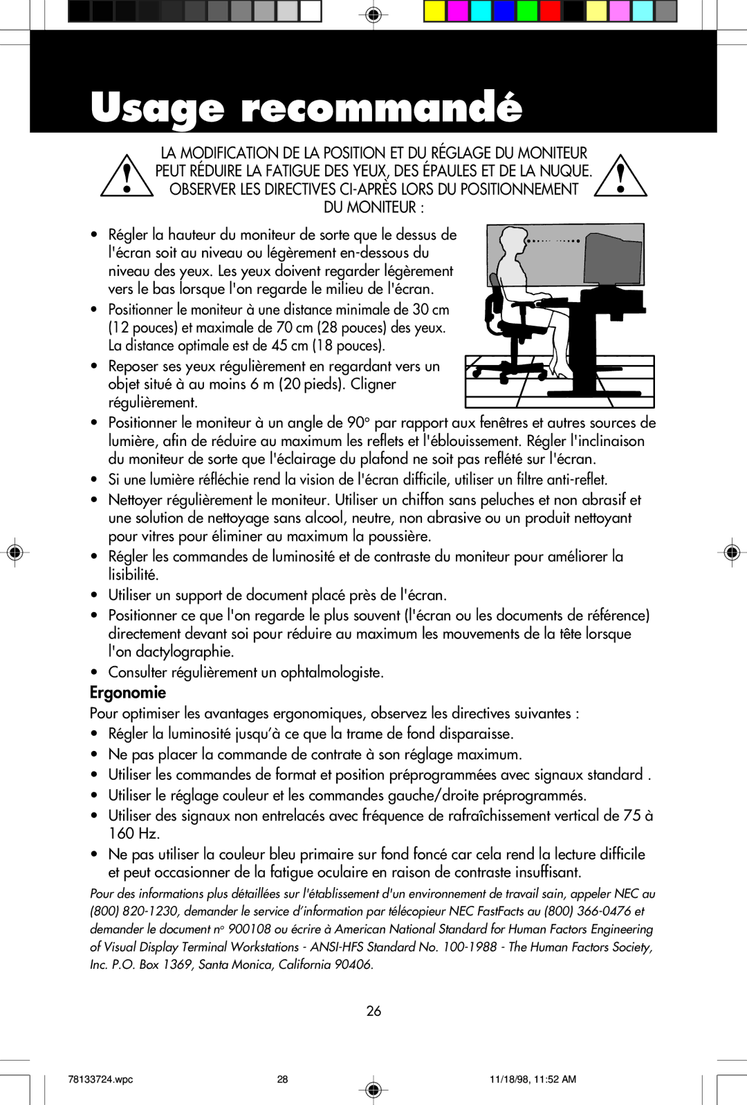 NEC E1100+ user manual Ergonomie 