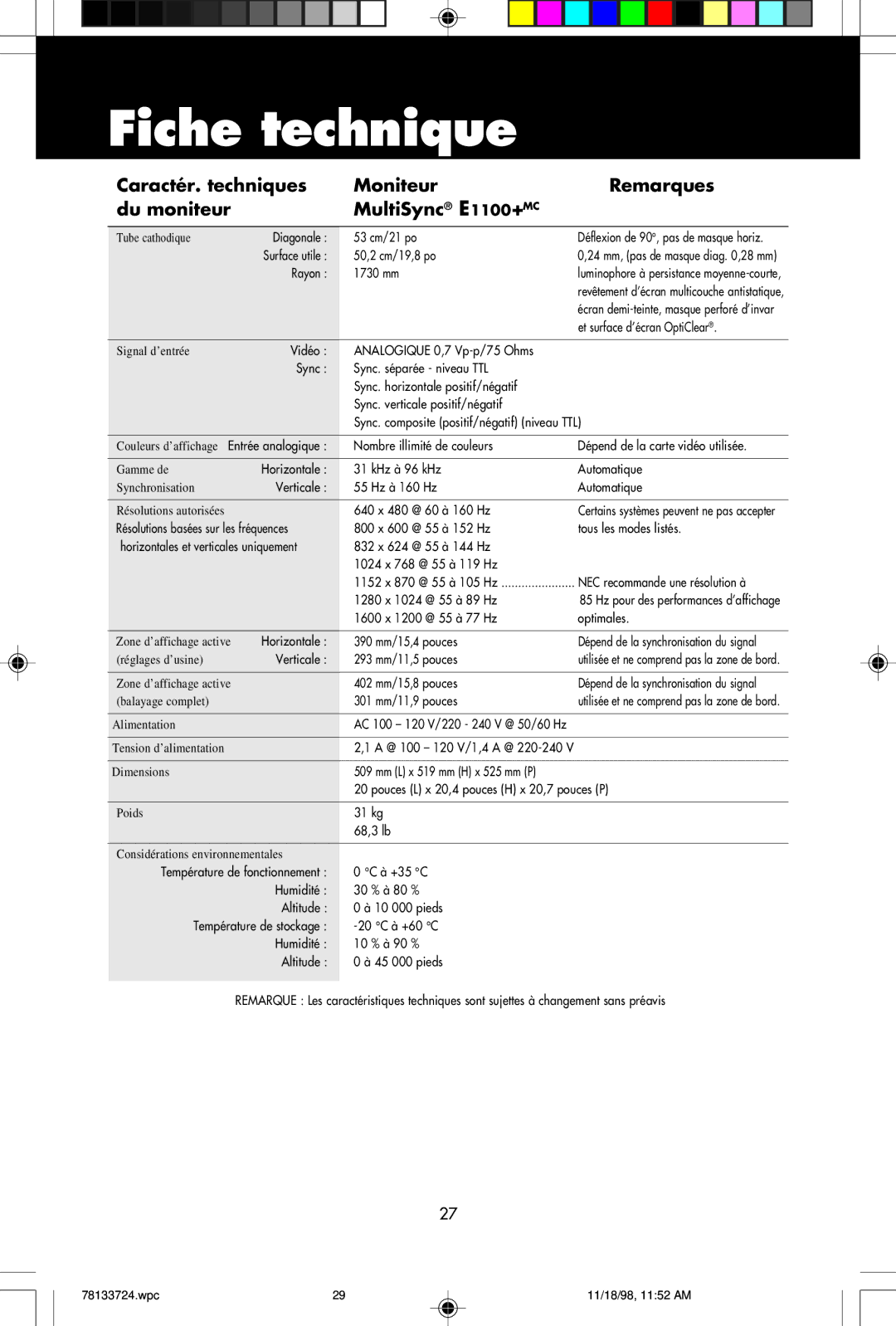 NEC E1100+ user manual Fiche technique, Rayon 1730 mm 