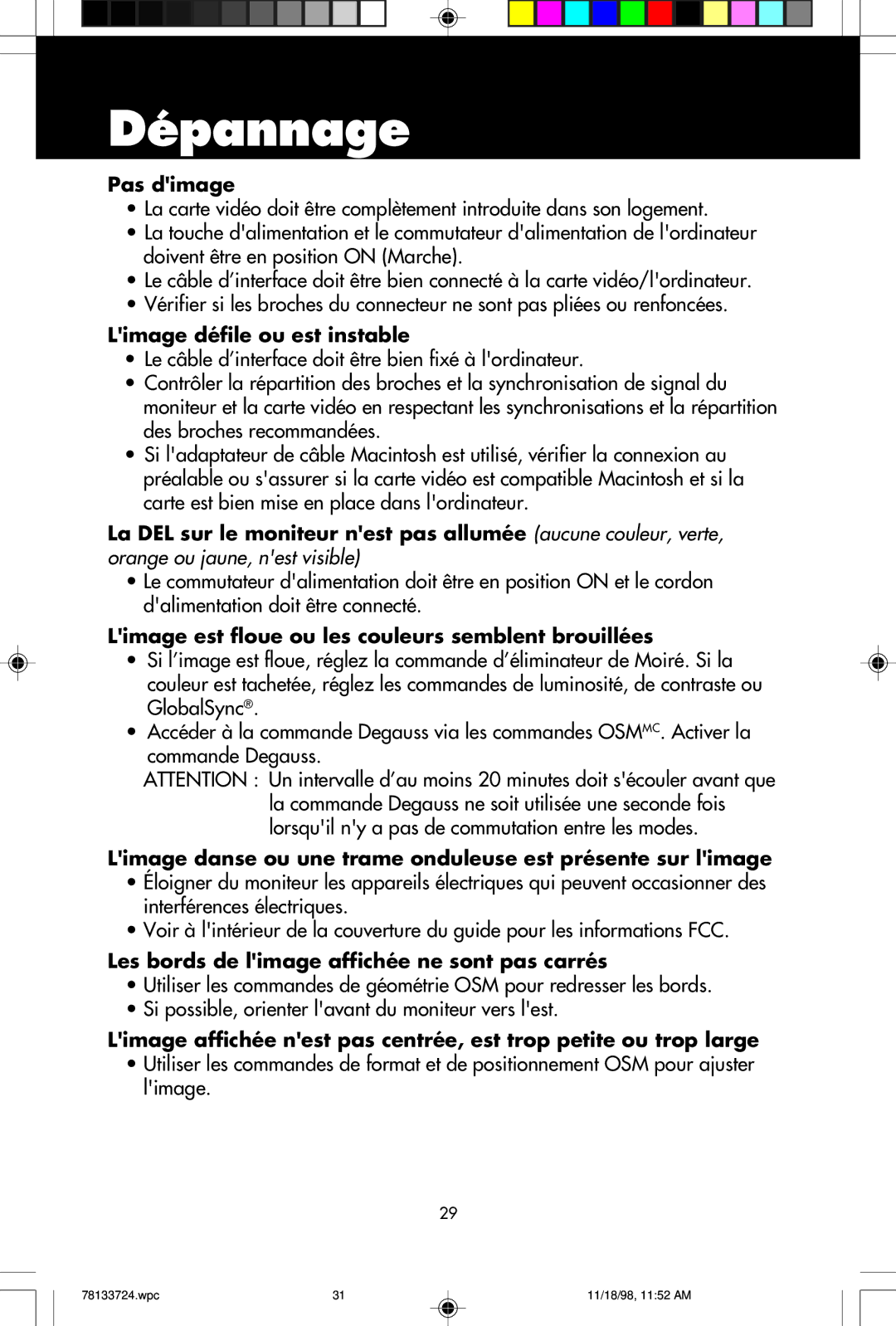 NEC E1100+ user manual Dépannage 