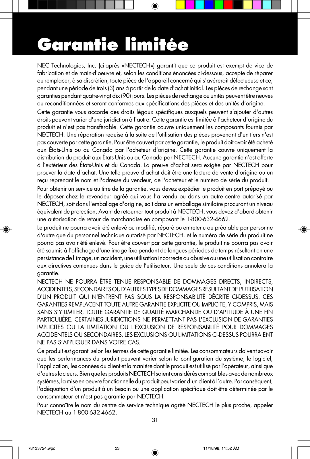 NEC E1100+ user manual Garantie limitée 